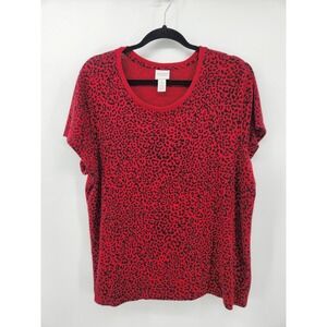 Weekends by Chico's Red Black Animal Print Knit Short Sleeve Top Size 2 / US‎ L